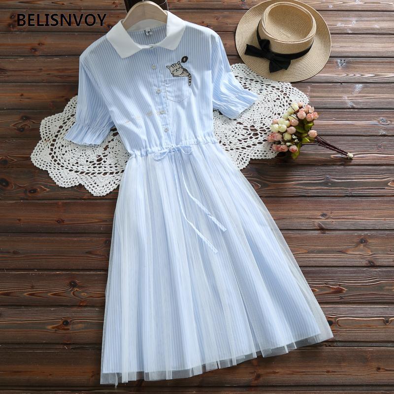 2021 Mori Girl Summer Women Fresh Dress Turn-Down Collar Striped String Casual Dress Pink Blue Elegant Tulle Party Dress alx