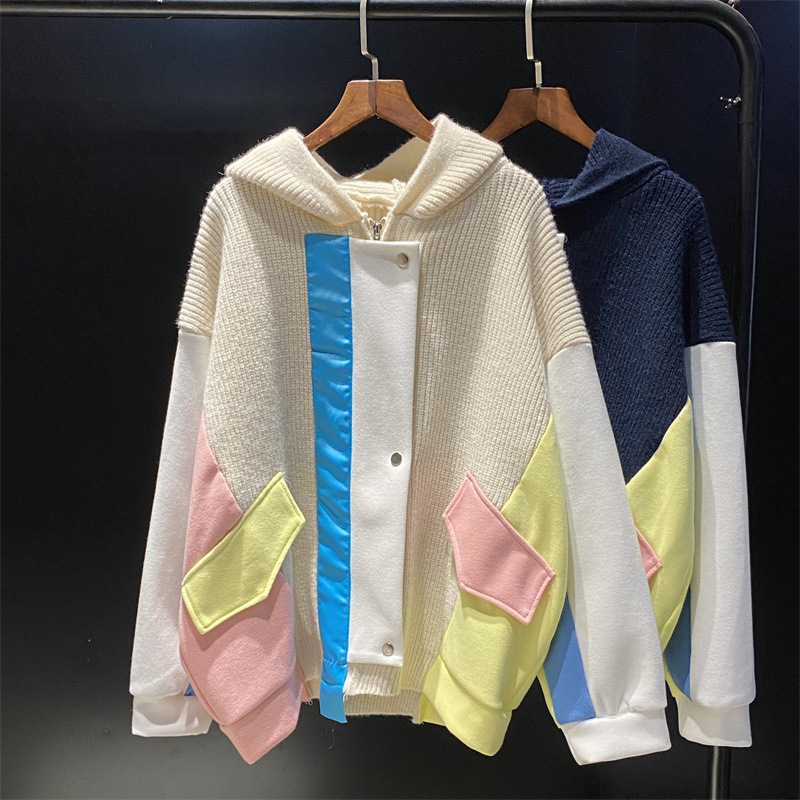 Autumn and Winter Contrast Color Patchwork Knitting Cardigan Women’s New Loose Hooded Outerwear Korean Style Sweater Coat alx