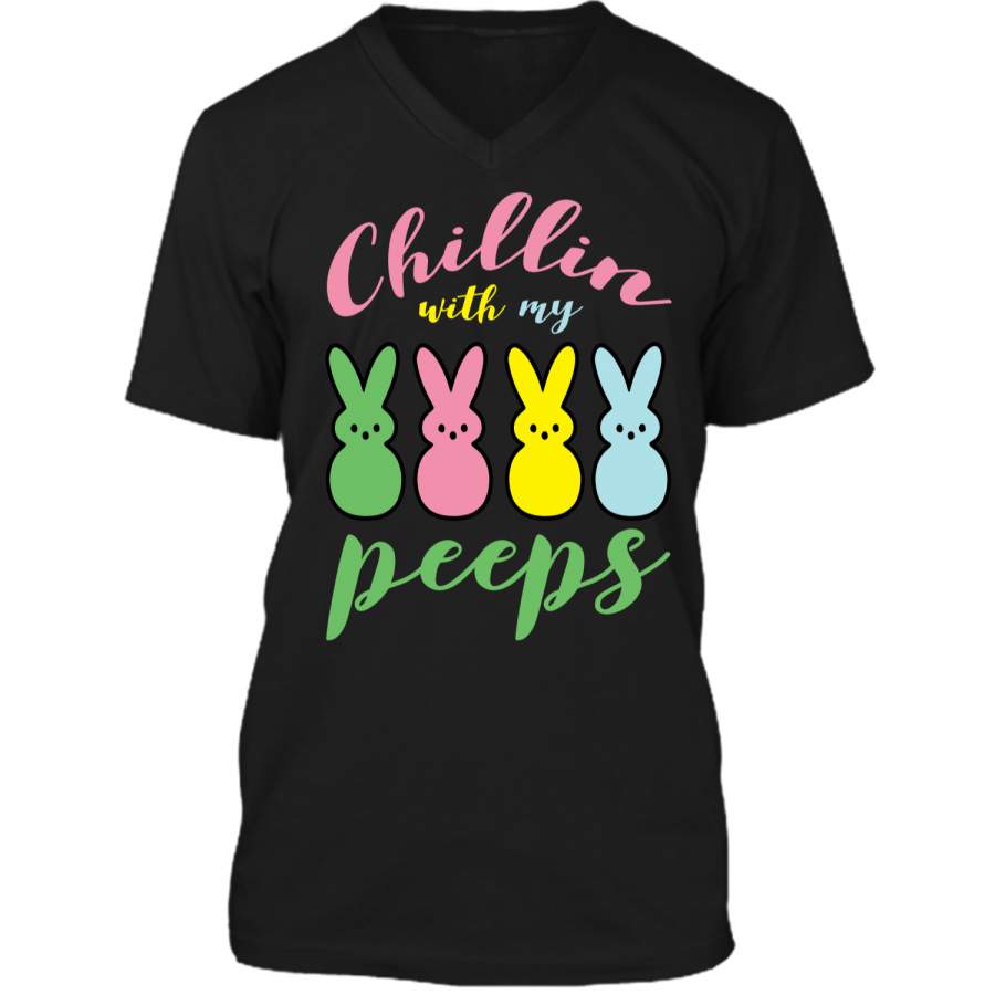 Chillin With My Peeps Easter Bunny Funny T-Shirt for Kids1 Mens Printed V-Neck T