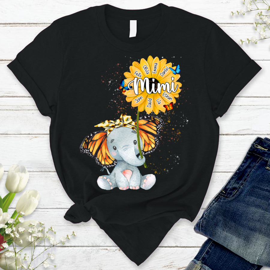 Personalized Grandma Elephant Butterfly Cute With Grandkids T-Shirt