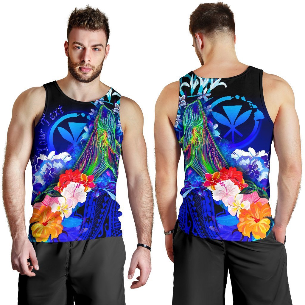 Polynesian Hawaii Custom Personalised Men’S Tank Top – Kanaka Maoli Humpback Whale With Tropical Flowers Blue