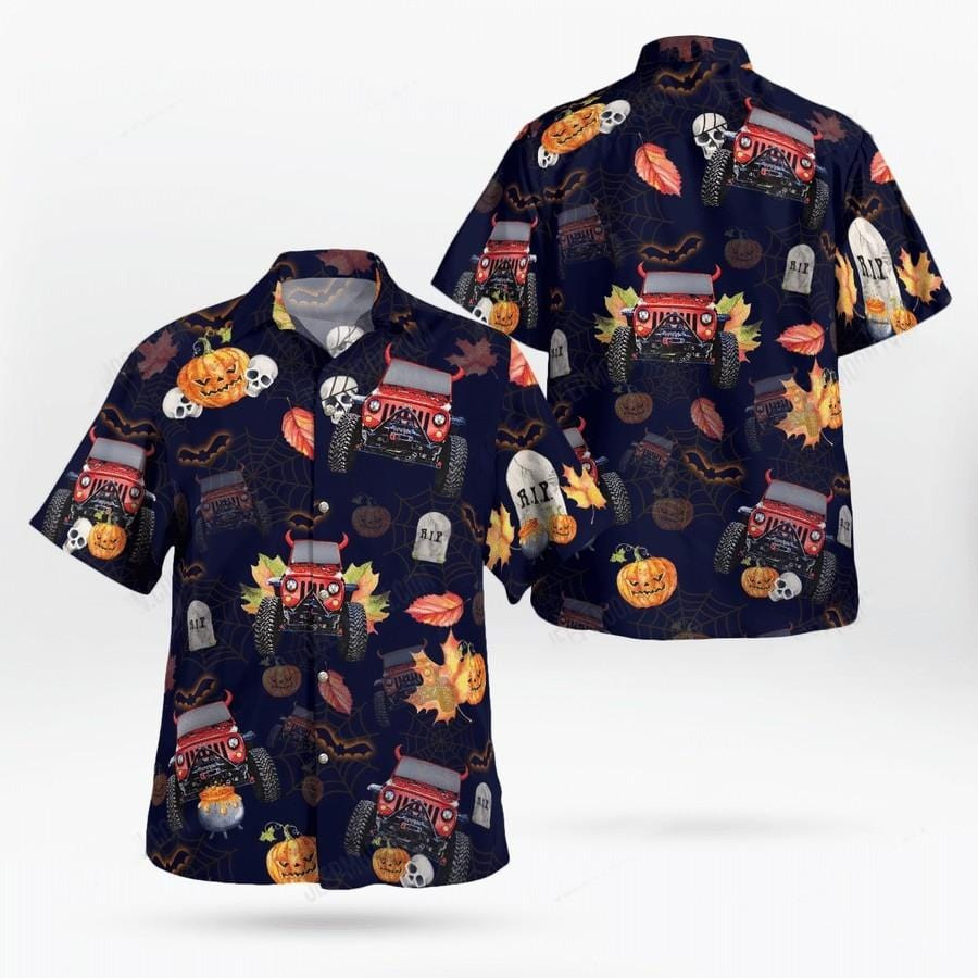 Hawaii Aloha Shirts Jeep Halloween Pumpkin Skull Ha98924