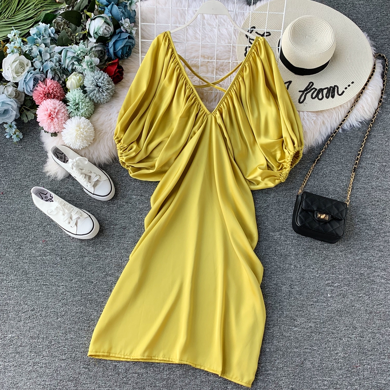 2022 Summer Women’s Dress Korean Casual Solid Color V-neck Lantern Sleeve Dress New Loose and Thin Short Feamle Dresses DE781 alx