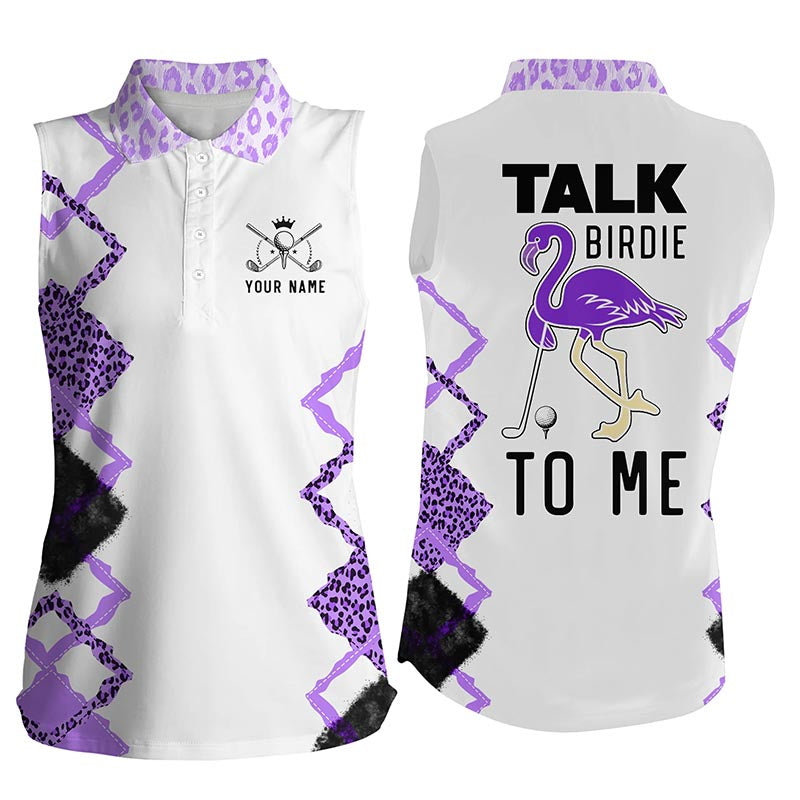 Funny Purple Leopard Womens Sleeveless Polo Shirts Talk Birdie To Me Custom Purple Flamingo Golf Shirt