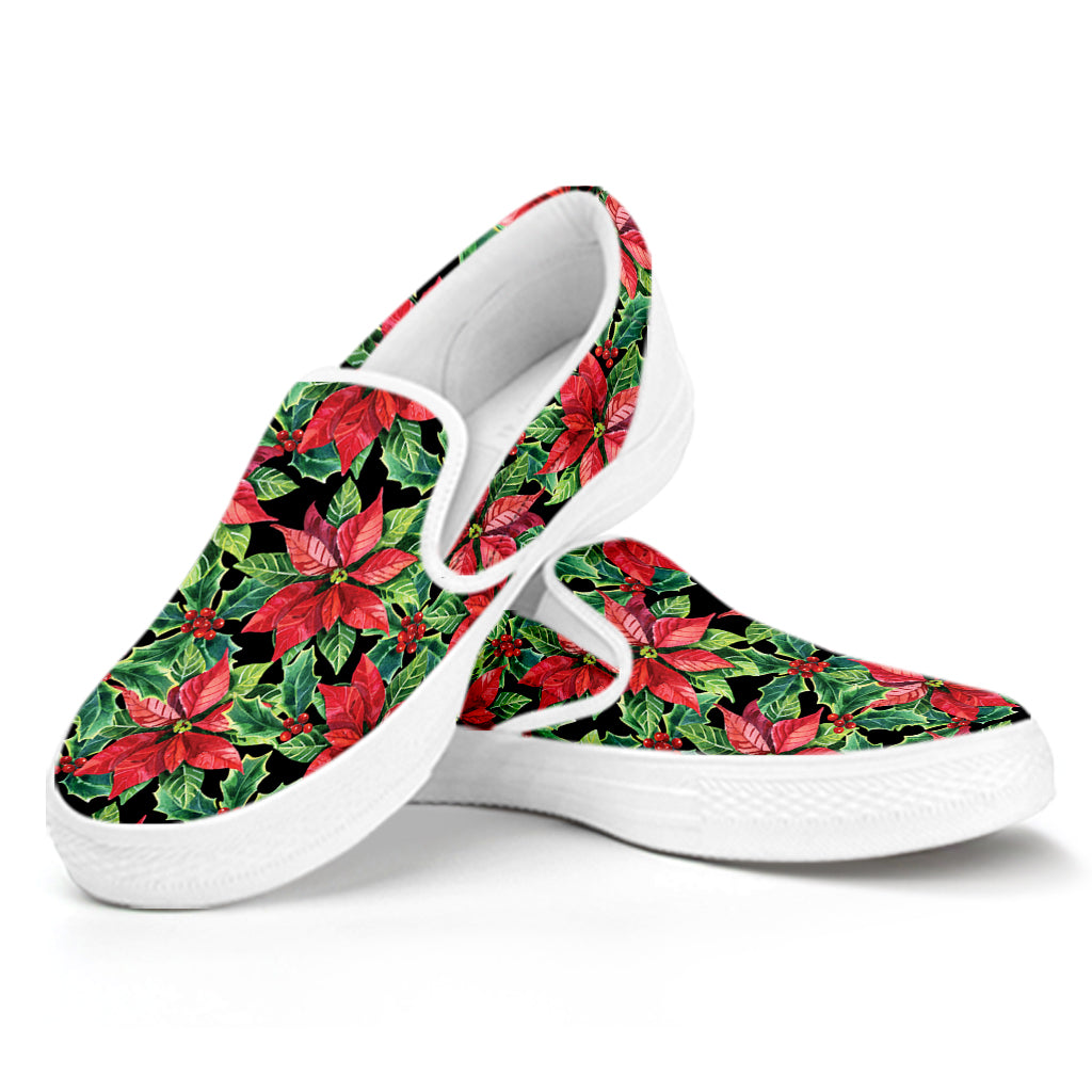 Watercolor Poinsettia Pattern Print White Slip On Shoes