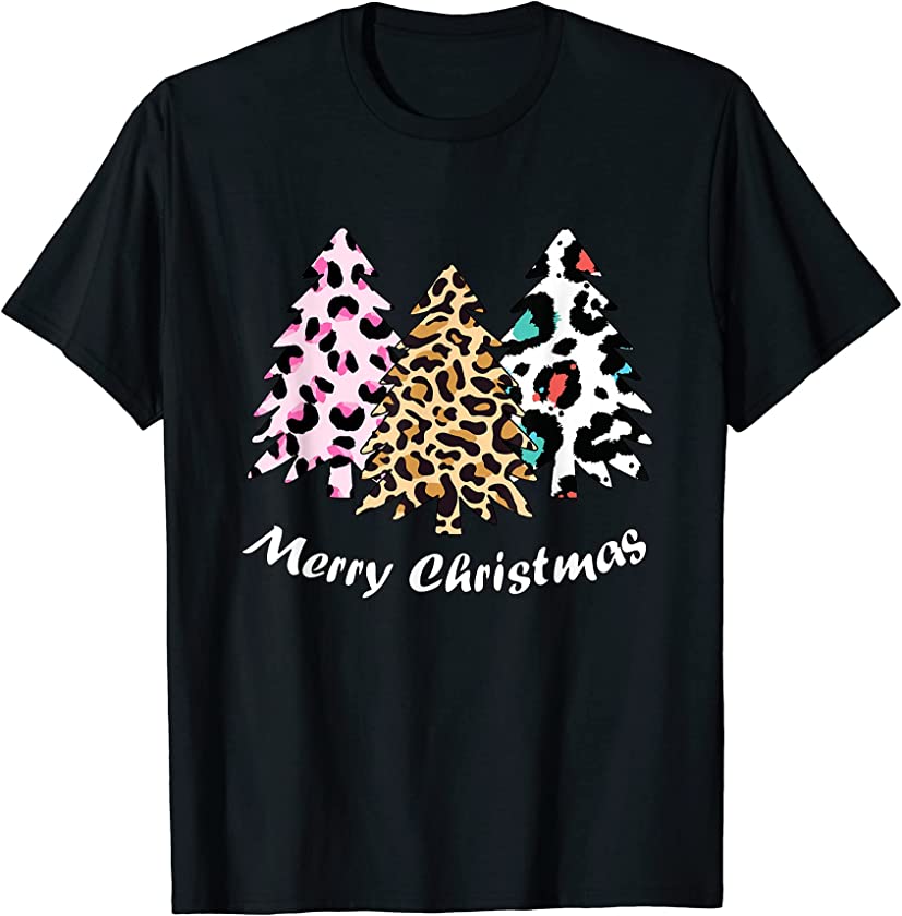 Christmas Tree Pink Leopard Pattern Christmas T-Shirt