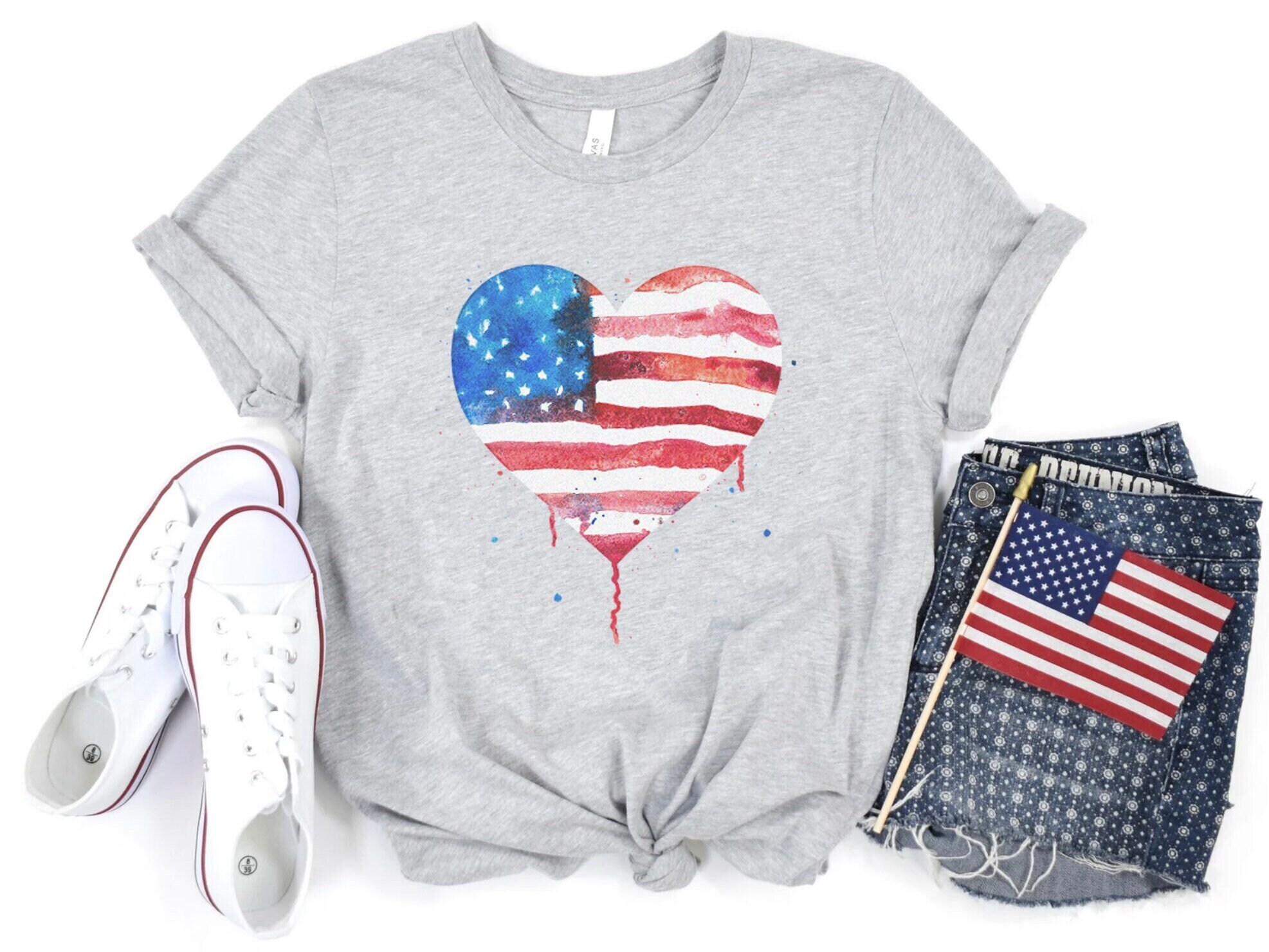 Womens 4th of July Shirt – USA American Watercolor Heart Flag T-shirt Independence Day Tshirt All American Freedom Fourth Of July Patriotic