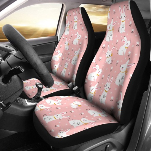 Cute White Rabbit Flower Pink Background Universal Fit Car Seat Covers 3872