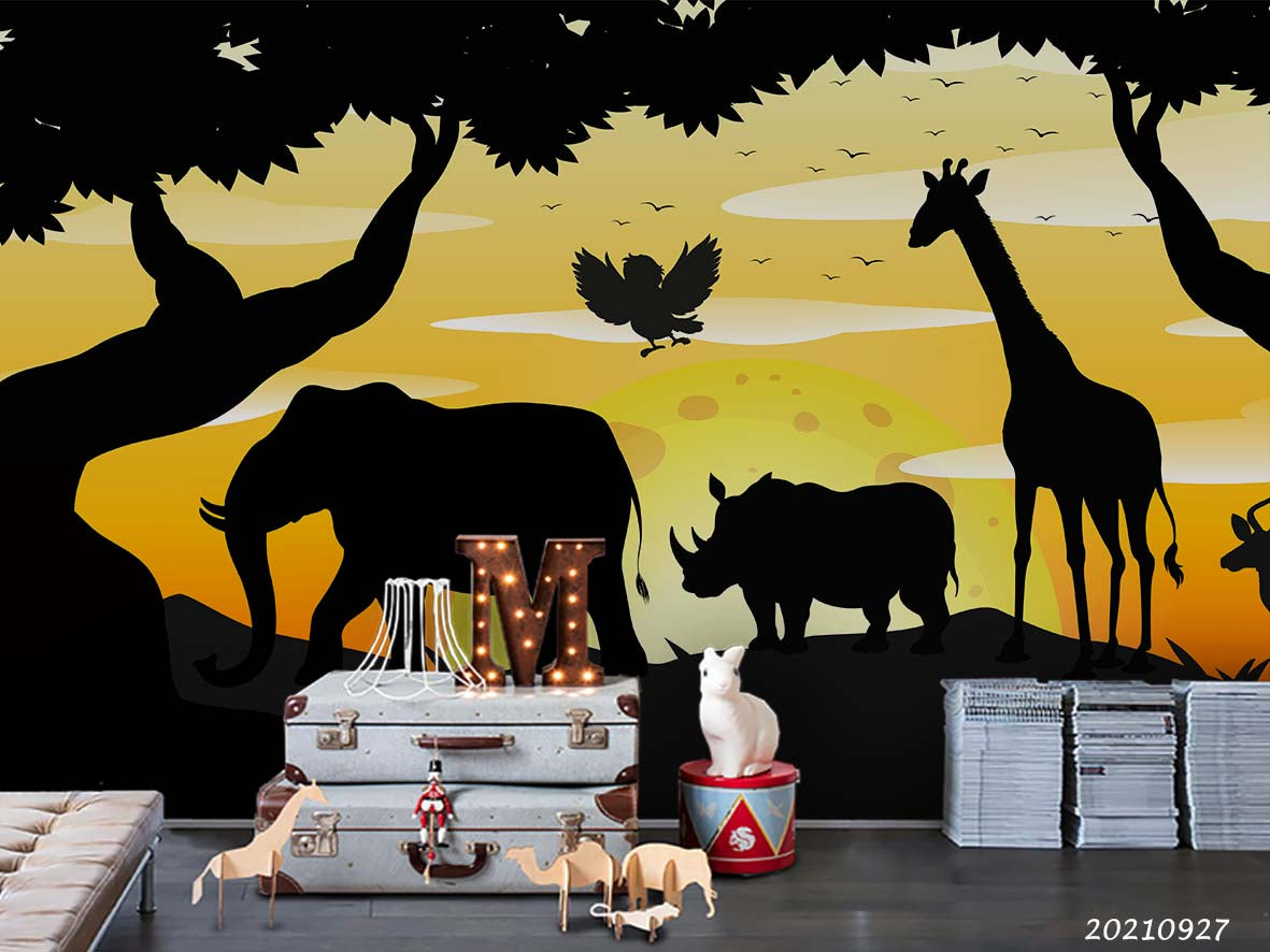 3D Sunset Sky Forest Animal Wall Mural Wallpaper Lqh 151