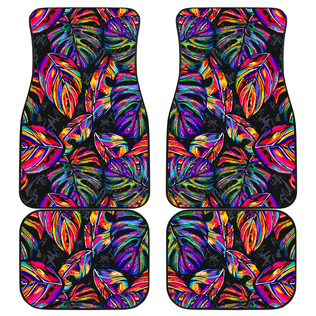 Colorful Leaf Tropical Pattern Print Front And Back Car Floor Mats, Front Car Mat