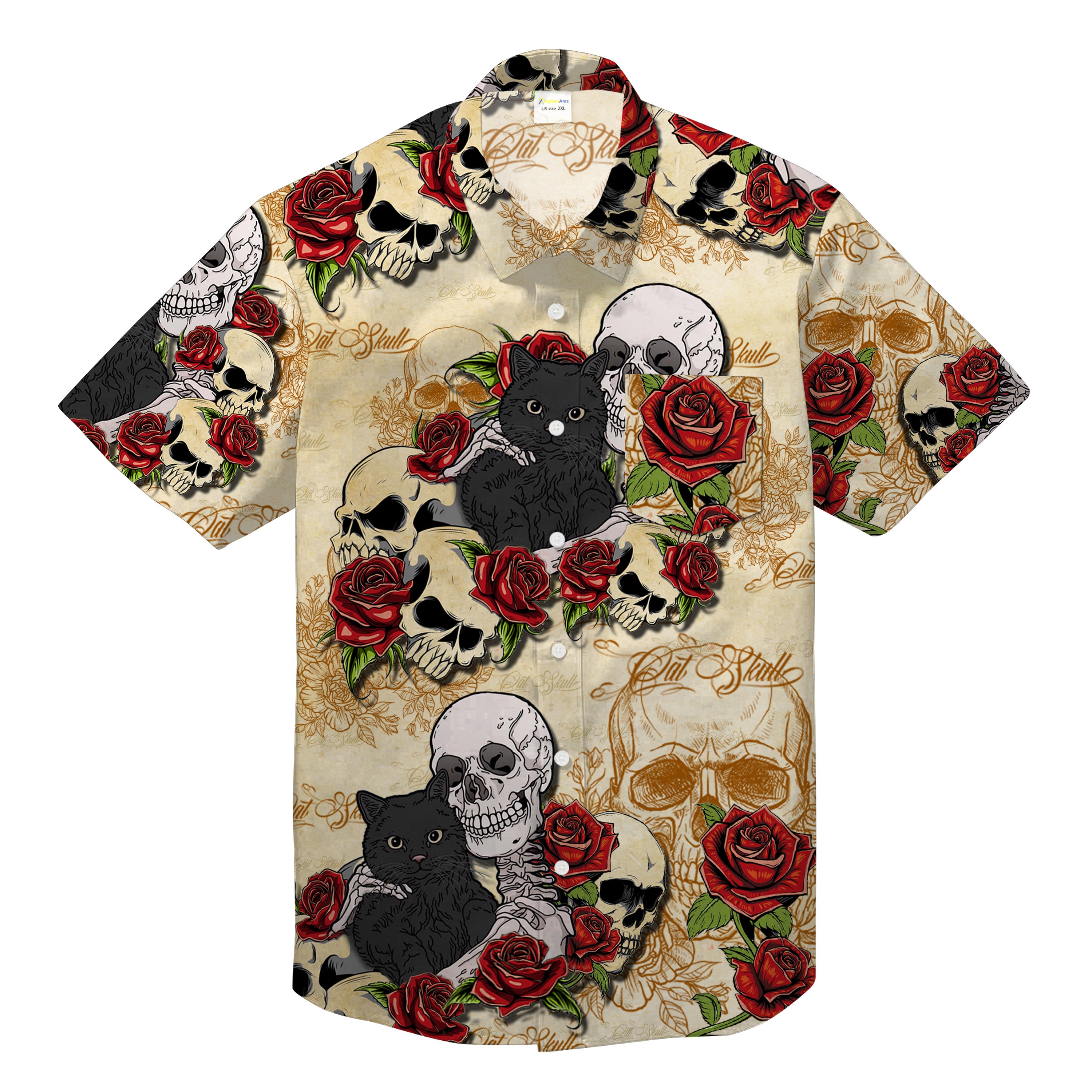 Cat Skull Hawaii Black And With Red Roses Hawaii Shirt Ha66543