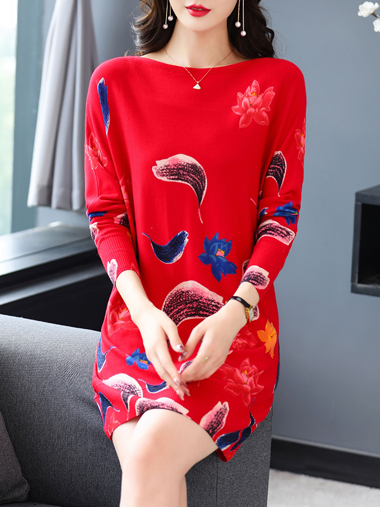 YISU Women Sweater O-Neck Knitted Long section pullove long sleeves Female Casual Loose feather printing Women clothing 2022 alx