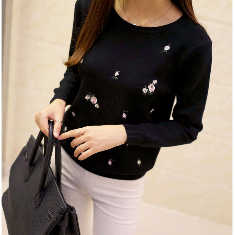 2020 Newest Style Womens Pullovers Beautiful Flowers Embroidery Long Sleeve Casual Female Cotton Sweater Solid color Female Tops alx