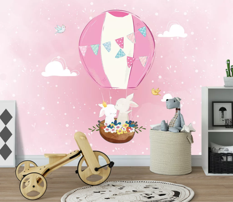 3D Pink Rabbit Hot Air Balloon Wall Mural Wallpaper 2313