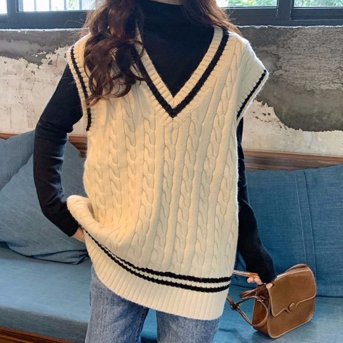 Twist-knitted Vest Women Preppy-style V-neck Sleeveless Korean Loose Fashion Leisure Sweaters Students All-match Streetwear Chic alx