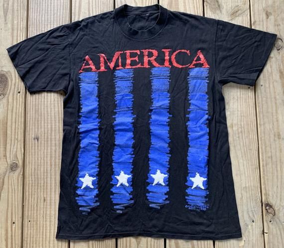 Vintage 90S America Striped Black Flag Black Shirtarge Shirt