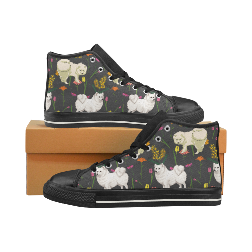 American Eskimo Dog Flower Black High Top Canvas Shoes for Kid (Model 017)