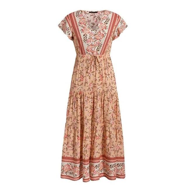 V-Neck Bohemian Floral Print Lace Up Sexy High Split Butterfly Sleeve Long Dress