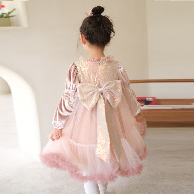 Sweet Girls Ruffles Tulle Dress Long Sleeve Velvet Causal Princess Bell Bottom Clothing Shiny Sequin Holiday Costume alx