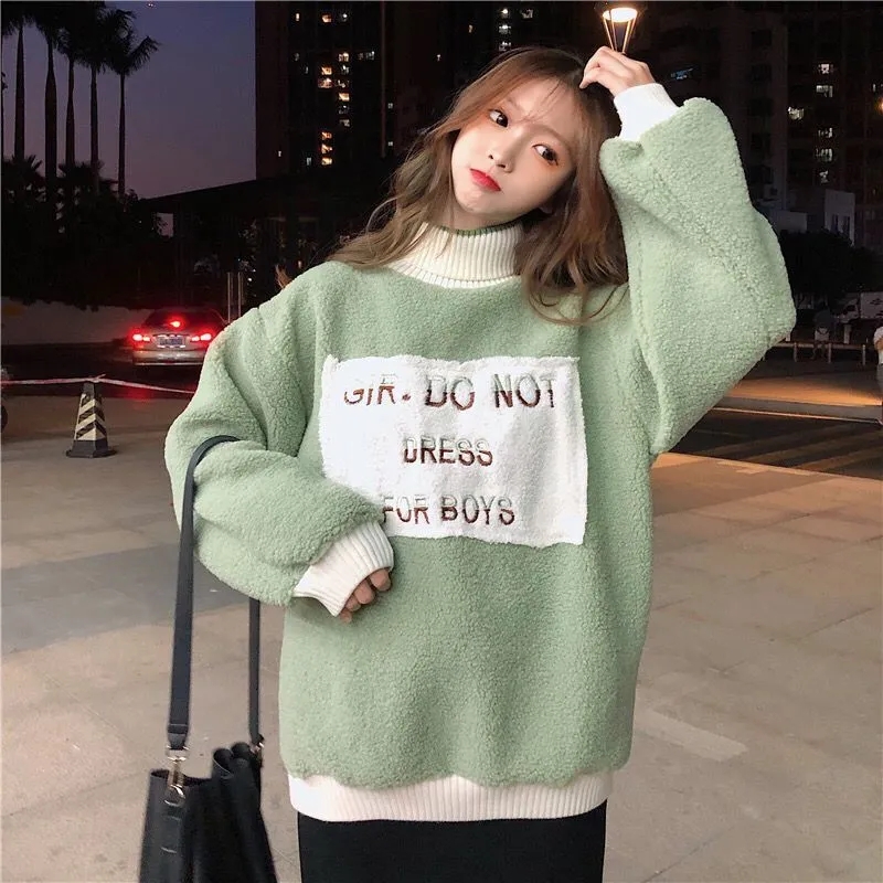 Autumn Lamb wool plush sweater Fashion women clothing Korean loose high neck cashmere pullover vintage coat top knitwear clothes alx