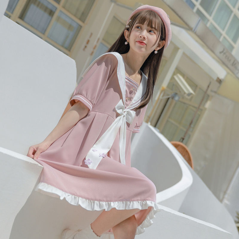 Women Half Sleeve Dress Sweet Sailor Collar Bow Japanese Preppy Style Loose Female Lovely Summer Ruffles Streetwear Ins Chic New alx