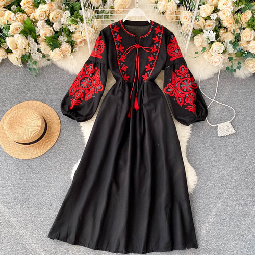 Women Spring Autumn High Waist Pleated Dress All-match Dresses Bohemian Embroidered Flower O-Neck Lantern Sleeve Dresses alx