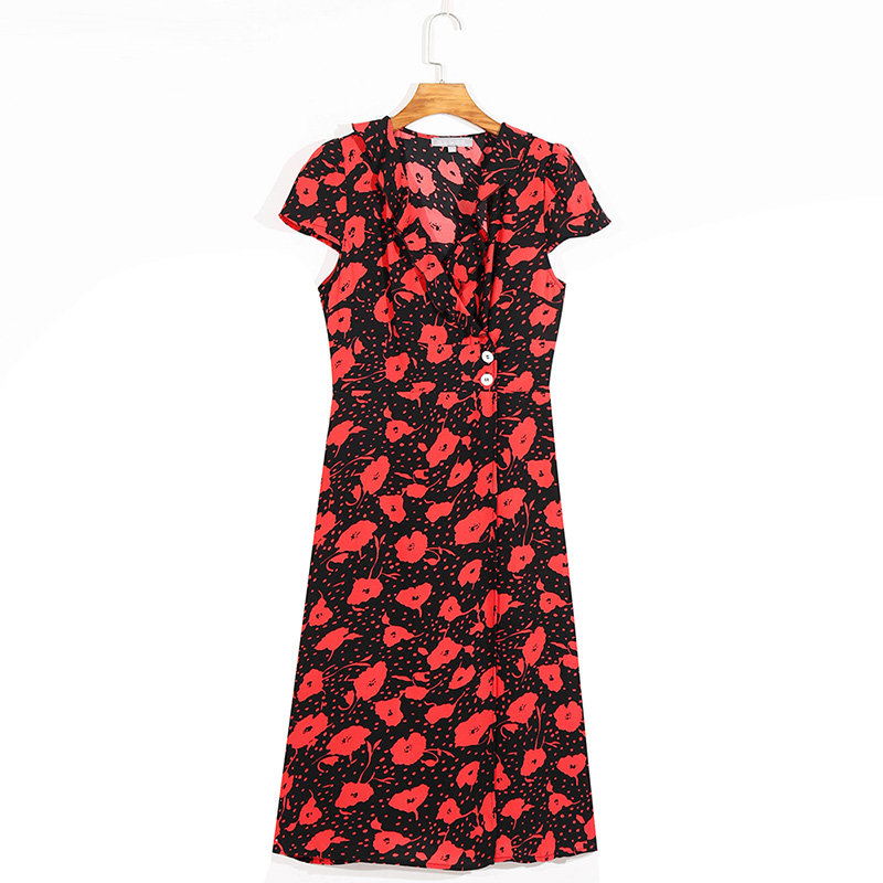 Summer Dresses For Women 2020 Vintage Floral Print Wrap Dress Woman Short Sleeve V Neck Ruffle A Line Elegant Midi Dress Clothes alx