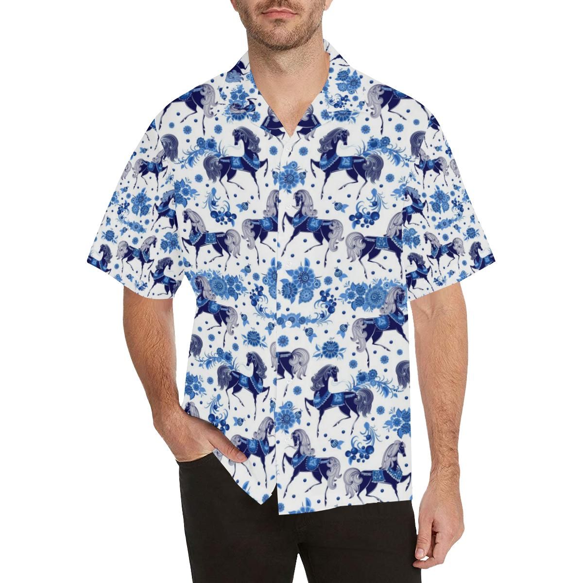 Horse Flower Blue Theme Pattern All Over Print Hawaii Shirt Ha47948