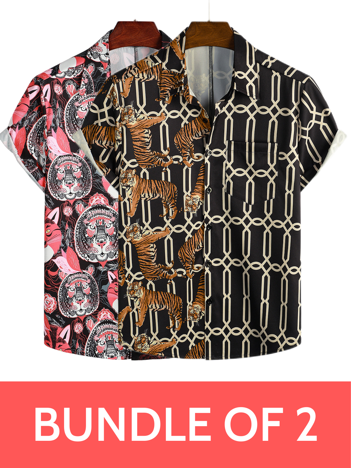 Bundle Of 2 | Men’S Tiger Print Summer Pocket Short Sleeve Shirt