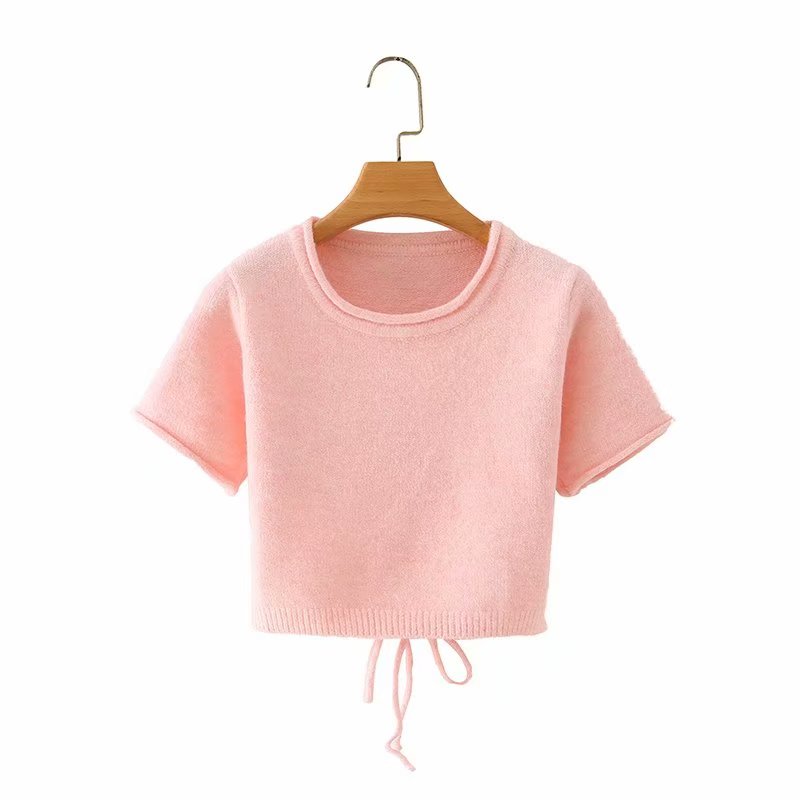 Bazaleas Retro Short Sleeve Women Sweater Vintage Crop Top Knitted Pullover Soft Backless Tine pull femme O Neck Cropped Sweater alx