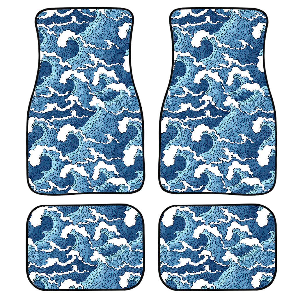 Blue Japanese Wave Pattern Print Front And Back Car Floor Mats, Front Car Mat