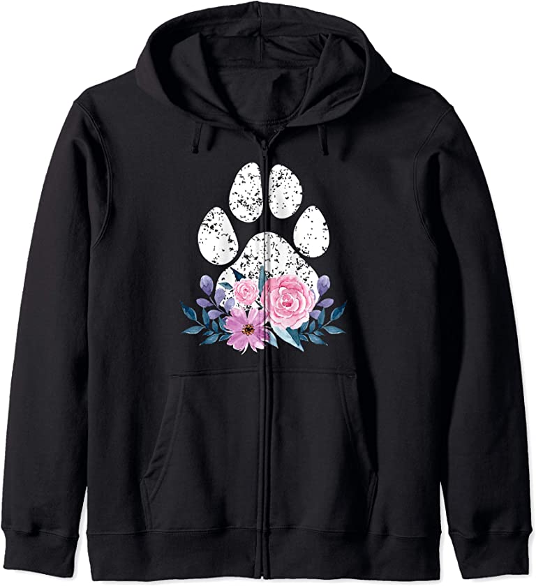 Cute Dog Puppy Lover Dog Paw Print Floral Gift Funny Dog Mom Zip Hoodie