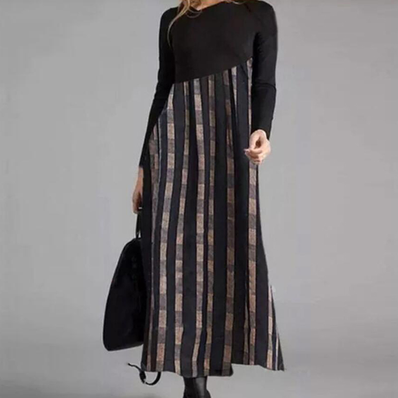 Black Cat Print Elegant Women Long Dress Stripe V-Neck A-Line Dress 2022 Autumn Long Sleeve Splicing Party Dresses Loose Vestido alx