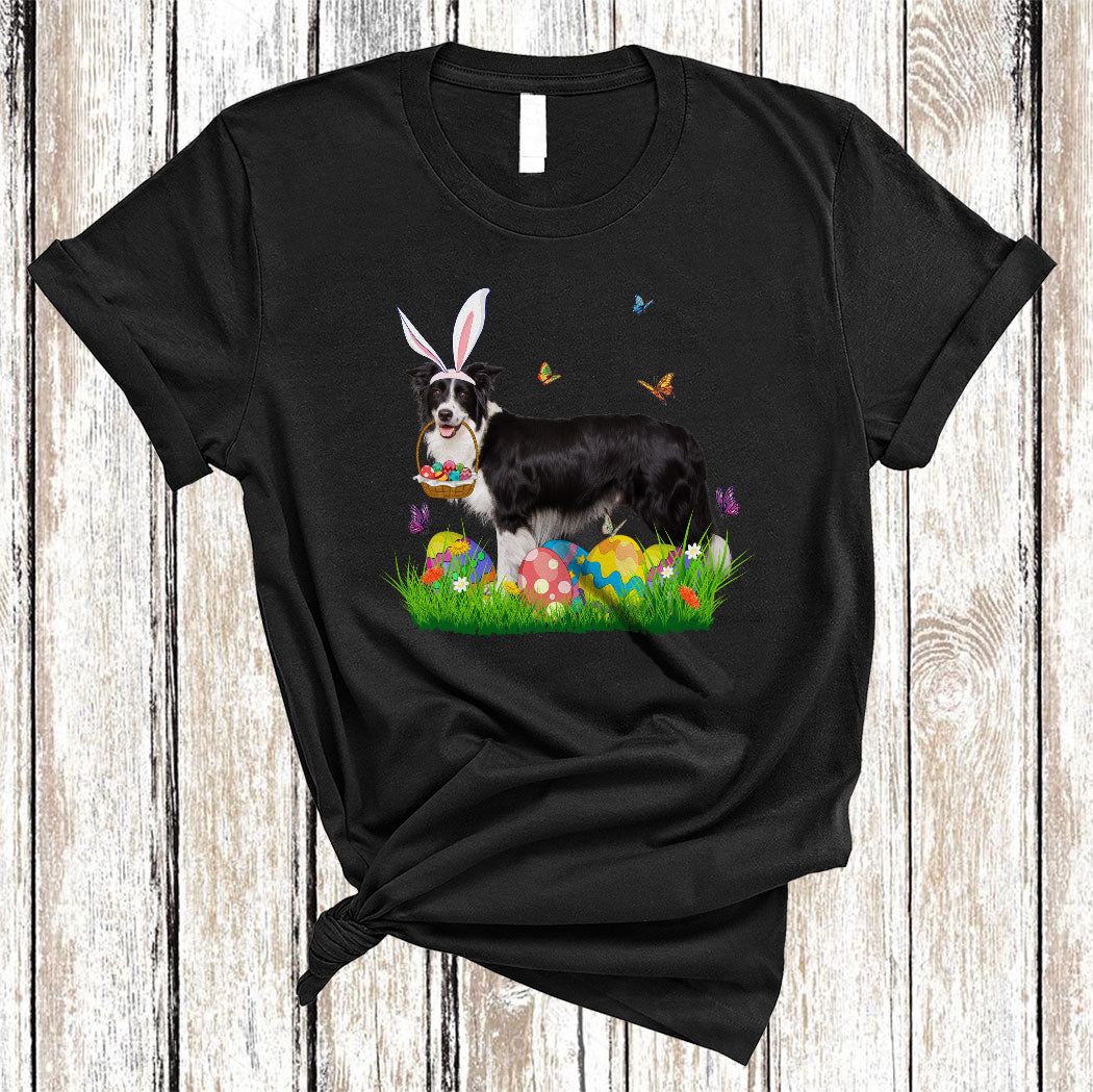 Bunny Border Collie With Easter Egg Basket Cute Easter Butterfly Flower Egg Hunt Dog Lover T-Shirt