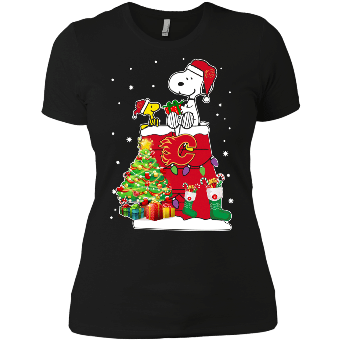 Check out this awesome Calgary Flames Snoopy & Woodstock Christmas Shirt Ladies’ Boyfriend Shirt