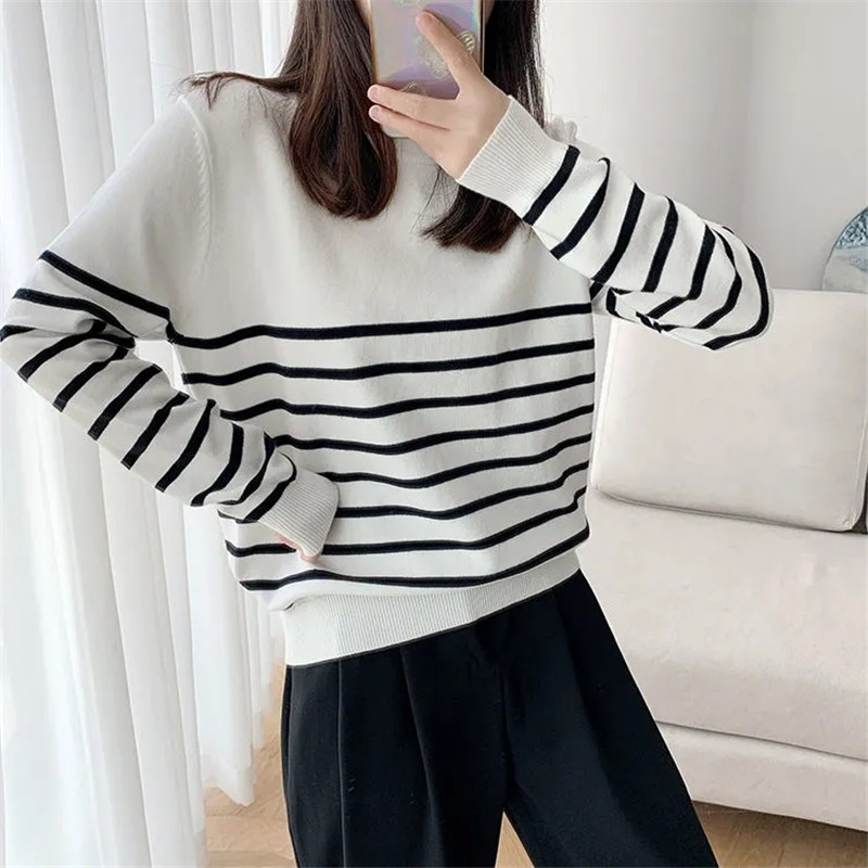 Sueters De Mujer Black And White Striped O-Collar Pullover Vintage Women Tops Casual Korean Version Fashion Knitted Slim Sweater alx