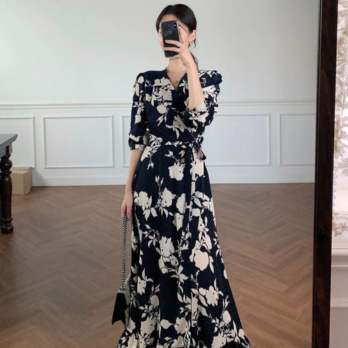 WDMSNA Korean Chic Elegant Retro Cross Woman Dress V-neck Tie Slim Waist Robe Long Large Swing Type Floral Vestidos De Mujer alx