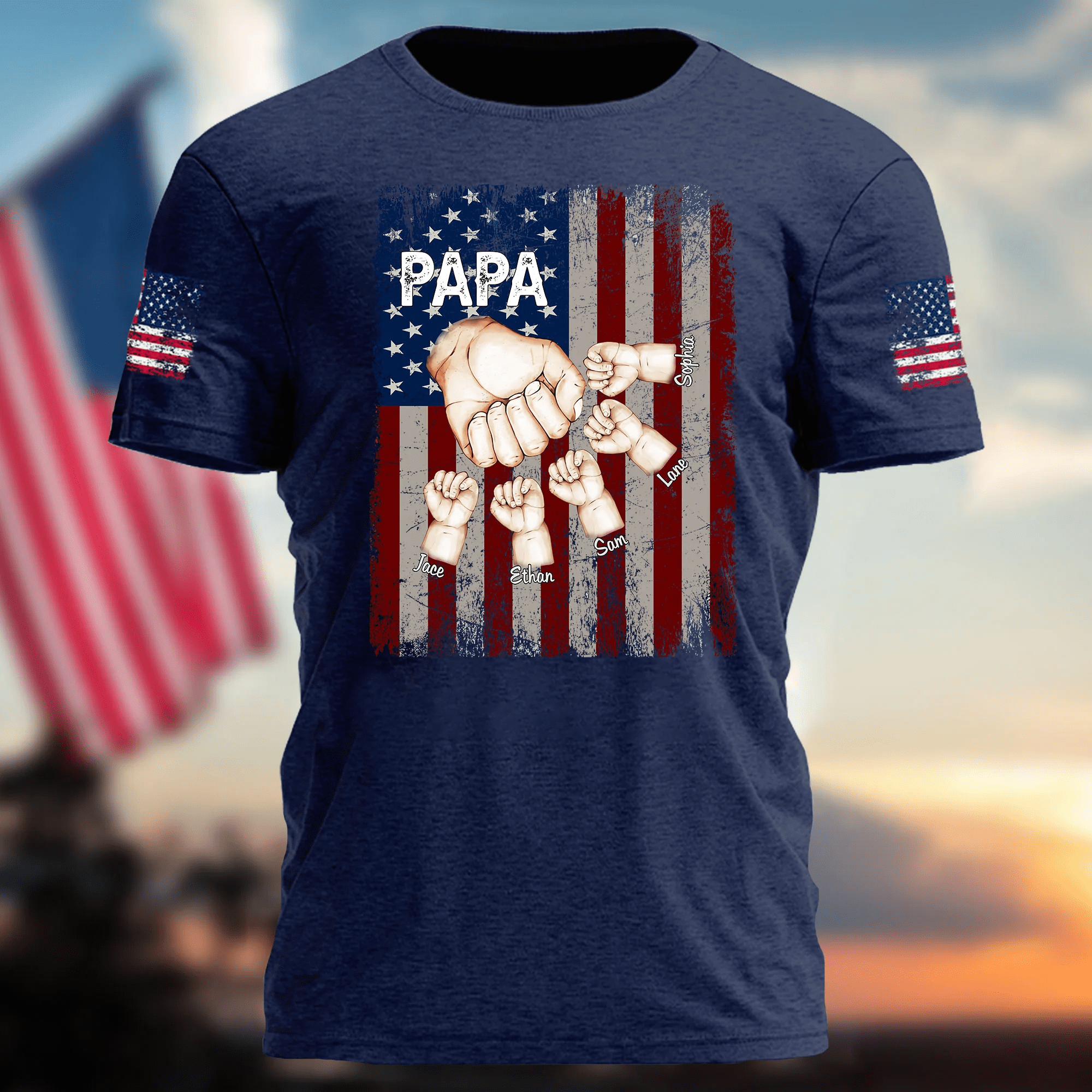 Personalized Papa Fist Bump With Grandkids T Shirt, American Flag On Sleeve T Shirt