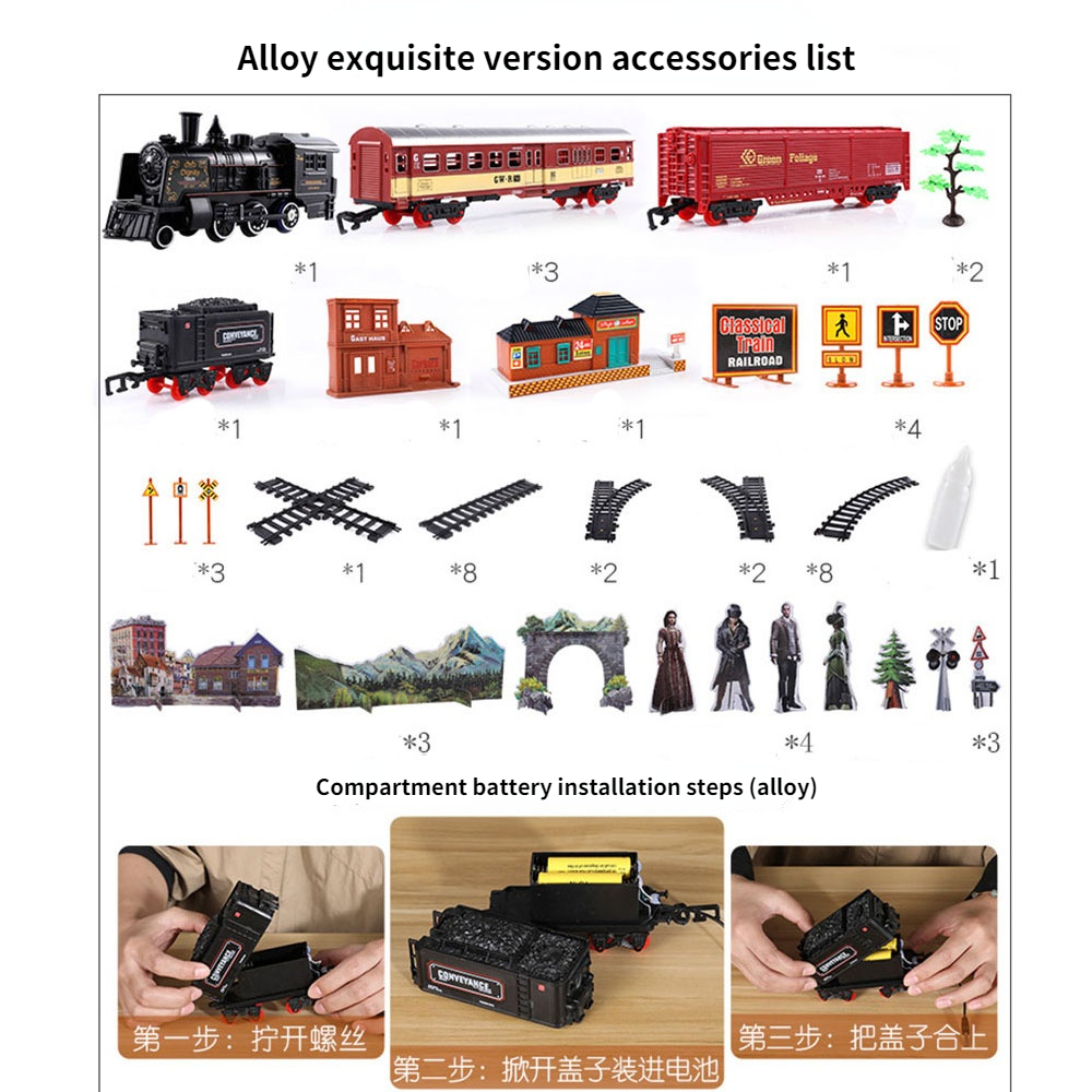 Railway Classical Train Electric Train Track Toys Water Steam Locomotive Playset with Smoke Battery Operated Simulation Model alx