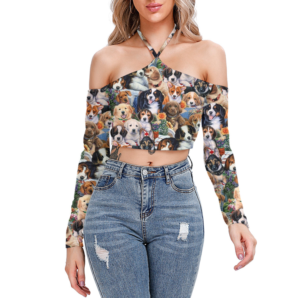 All Over Print Adorable Puppy Halter Lace-Up Crop Top