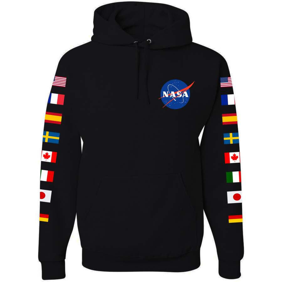 Black NASA Hoodie Sweatshirt with Flags on Sleeves