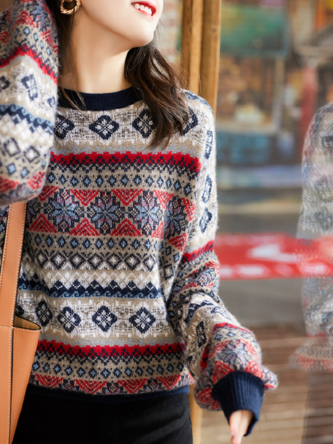 Autumn Winter Ethnic Style Wool Blend Knit Pullover Women O-neck Lantern Sleeve Sweater Loose Thicked Print Casual Sweater alx