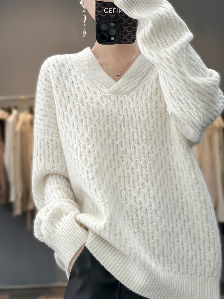 Autumn Winter 2022 New Fashion V-Neck Long Sleeve Knitwear Women’s Loose Versatile Lazy Style 100% Wool Cashmere Sweater Thick alx