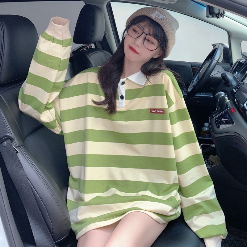 Autumn Winter New Oversized Women’s Sweatshirt Korean Style Green Striped Polo Collar Long-sleeve Sweatshirt Retro Woman Clothes alx