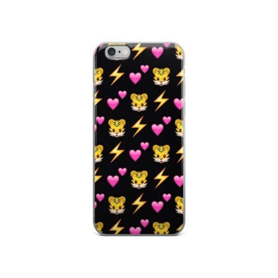 Lightning Bolt Pink Hearts & Tiger Emoji Collage Teen Cute Girly Girls Black iPhone 4 4s 5 5s 5C 6 6s 6 Plus 6s Plus 7 & 7 Plus Case