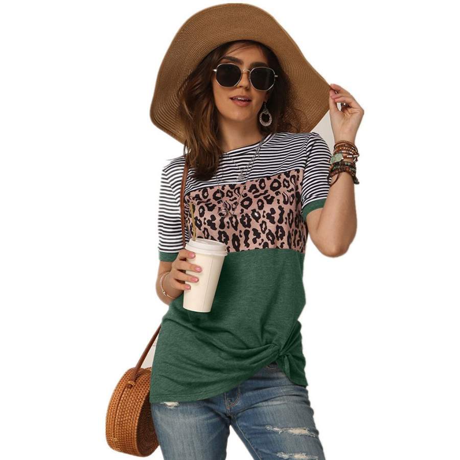 Women cheap short sleeved leopard striped stitching t shirt