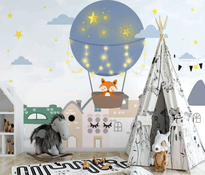 3D Cartoon Star Hot Air Balloon Cloud Fox Animal Wall Mural Wallpaper Lxl