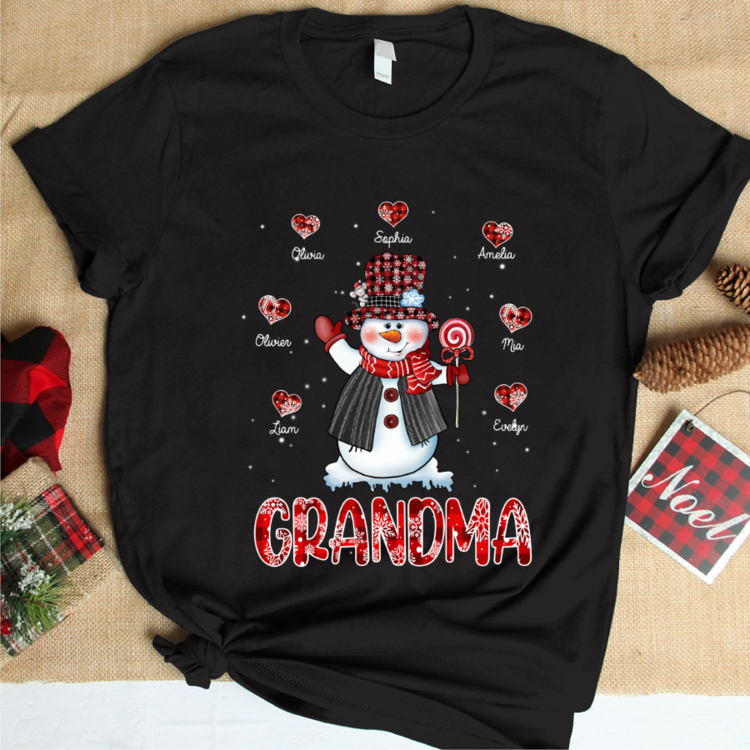 Personalized T-Shirt For Grandma Cute Snowman With Candy & Heart Printed Red Plaid Design Custom Grandkids Name