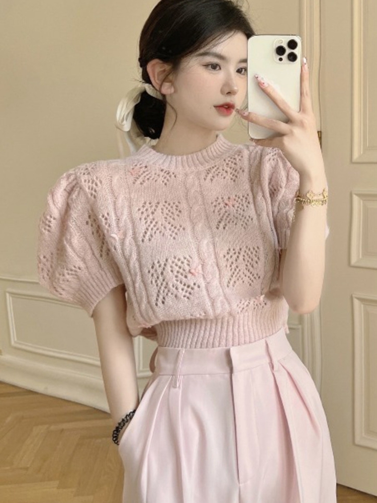 Summer Korean Sweet Knitted Sweater Women Fashion Elegant Hollow Out Pullovers Thin Knitwear Top Girls Jumpers Pull Femme alx