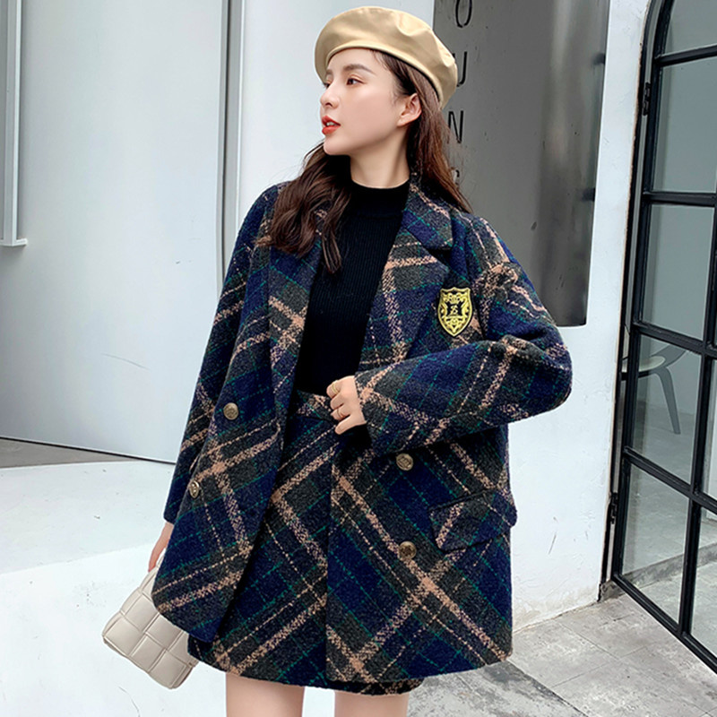 Autumn Winter College Style Wool Two Piece Suit Women Notched Thick Plaid Tweed Loose Jacket Uniform Coat+Mini Pencil Skirt Set alx